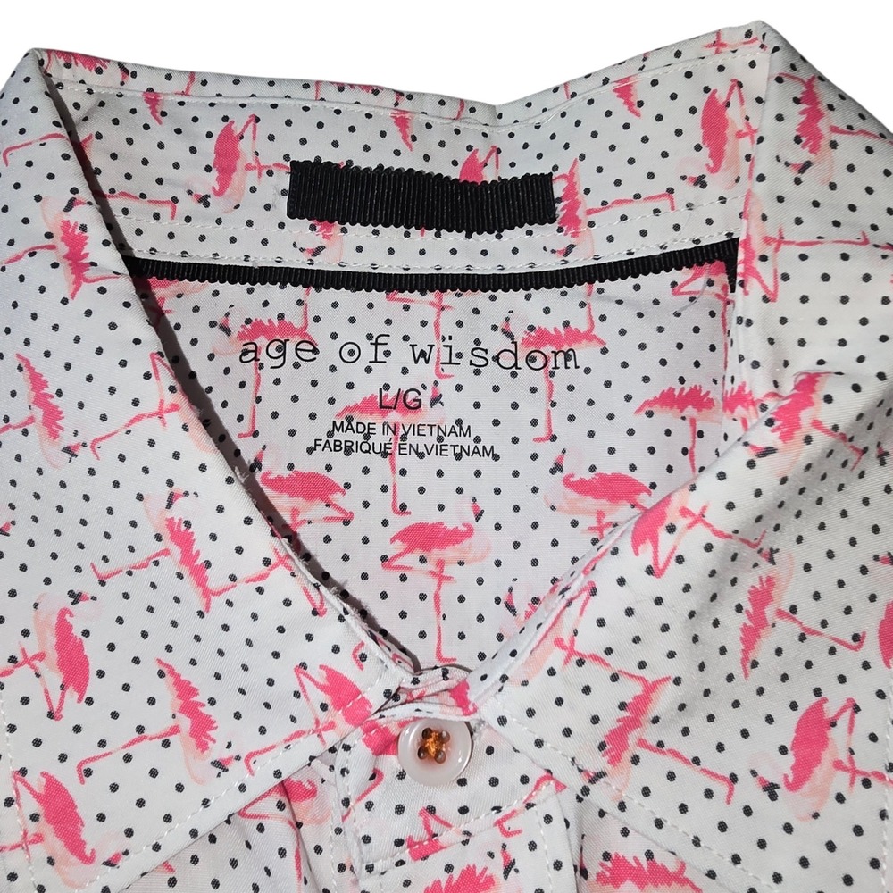 Age of Wisdom Mens Large Flamingo Polka Dot Short Sleeve Button Down Shirt White